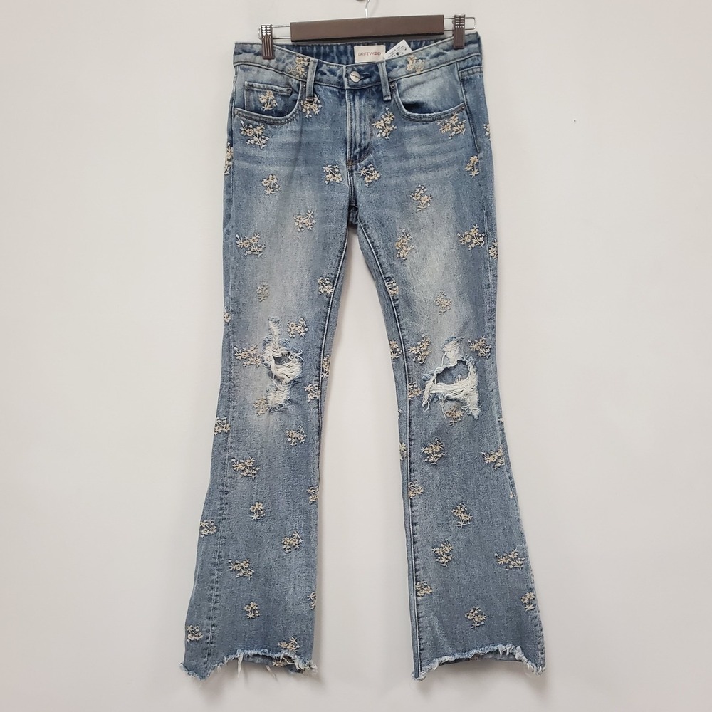 Driftwood Womens Eva Floral Embroidered Flare Leg Jeans Size 25 Blue Distressed